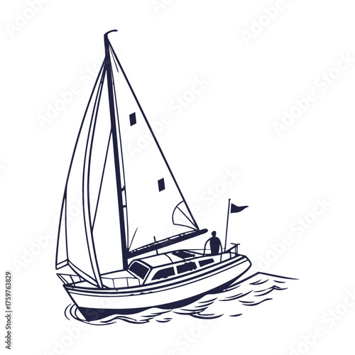 Sleek silhouette of a modern sailboat navigating gentle waves at night isolated on transparent background