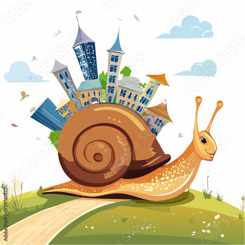 Snail carrying city on its shell