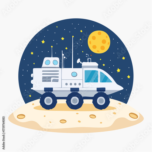 Space rover on lunar surface under starry sky