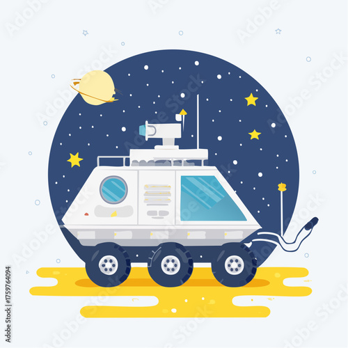 Space rover on yellow ground with planet