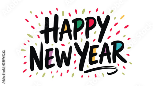 Bold “HAPPY NEW YEAR” typography with colorful accents and radiating festive lines in red, green, yellow, and pink for celebratory design