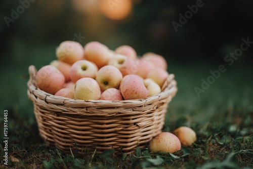 Freshly Picked Apples Overflowing in a Woven Basket on the Ground