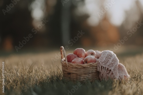 Basket of Freshly Picked Apples Sits in a Grassy Field During Golden Hour