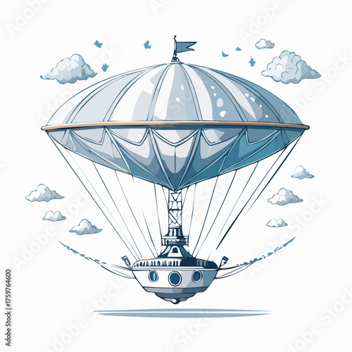 Steampunk hot air balloon floating in sky