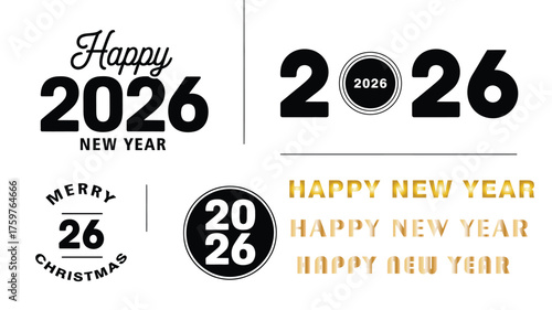 Mixed-style “2026” holiday set with bold, script, and circular layouts in black, white, and gold, ideal for New Year and Christmas festive design