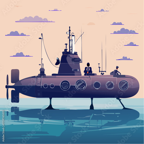 Submarine sailing on calm water at sunset