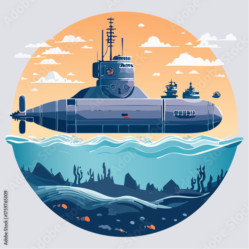 Submarine in ocean under a cloudy sky