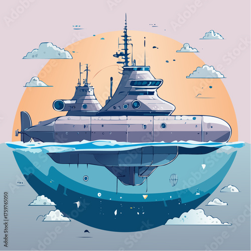 Submarine sailing on water surface with underwater view