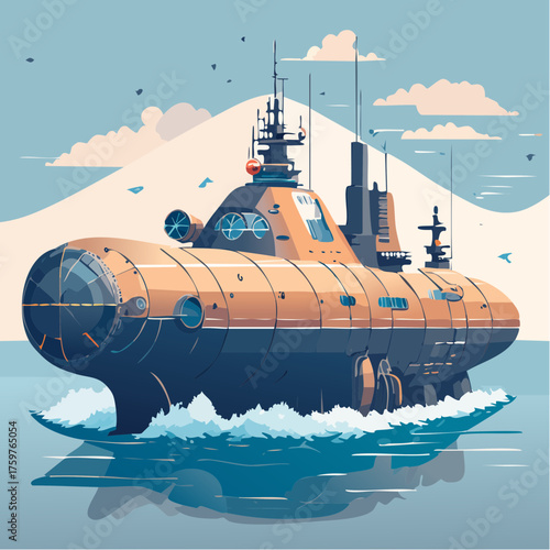 Submarine sailing through ocean waves