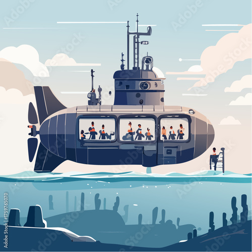 Submarine with passengers underwater view