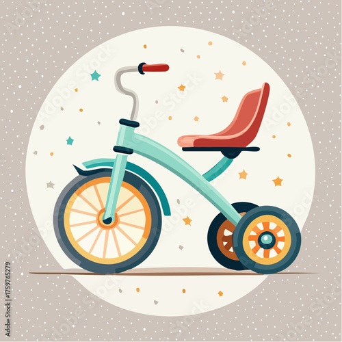 Teal children's tricycle with red seat and stars