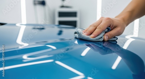 Hand Polishing Blue Car Hood After Paintless Dent Repair