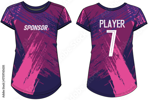 Women Sport Jersey t-shirt design flat sketch Illustration, brush stroke pattern Round neck t shirt for girl and Ladies Volleyball jersey, Football, badminton, Soccer and netball, Sport uniform kit