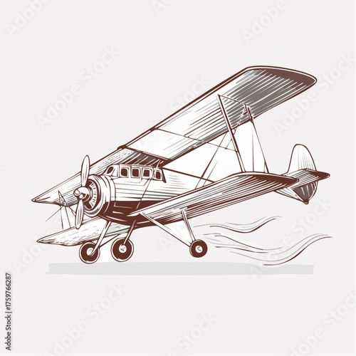 Vintage biplane in flight with motion lines