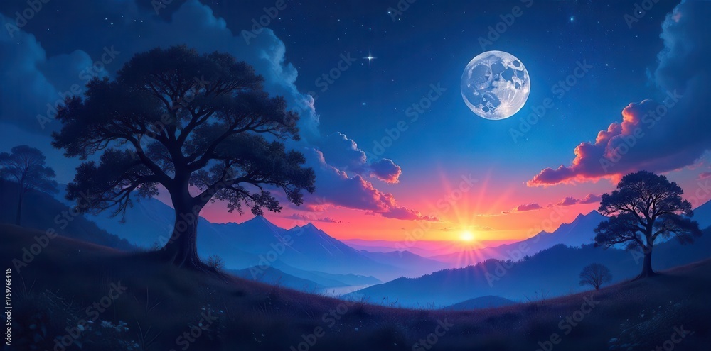Fototapeta premium Dramatic moonlit sunset over layered mountain ranges with silhouetted trees