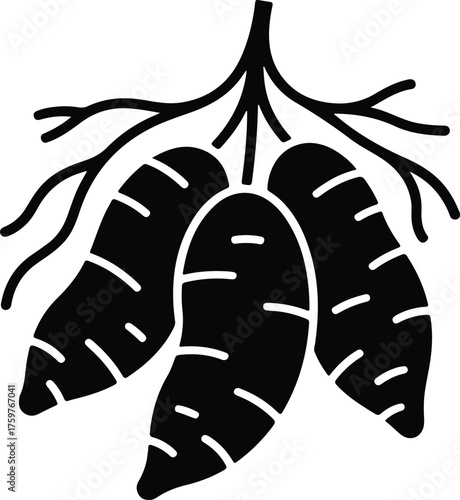 Stylized black silhouette of three sweet potatoes growing on a vine