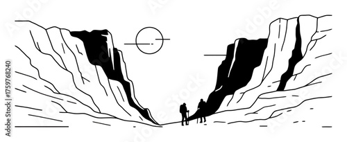Minimalist Canyon Silhouettes Vector Art - Clean Line Hikers Adventure