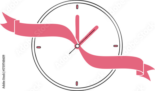 Minimal clock overlaid with pink ribbon representing timely awareness, urgency in detection, and the importance of prompt breast health action.