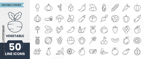 Vegetable line icons set with editable stroke. Containing mushroom, apple, cucumber, banana, carrot, tomato, potato, watermelon, radish and more. Vector illustration
