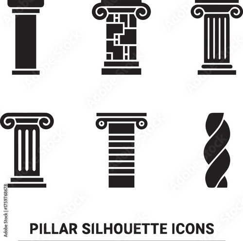 Six Black Silhouette Icons of Architectural Pillars with Text