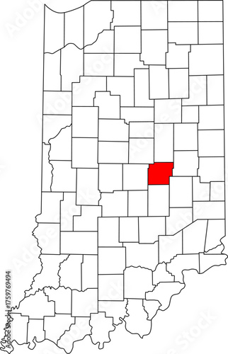 Detailed vector map of Indiana highlighting Hancock County, an eastern central territory known for its community growth and connection to the Indianapolis metro area.