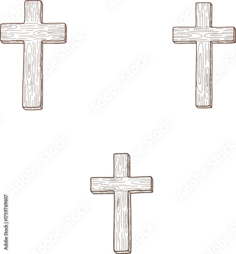 Three simple wooden crosses with visible grain texture, arranged on a white background, symbolizing faith and spirituality.