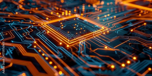 Intricate glowing circuit board with warm orange and cool blue lights, representing advanced technology and data flow.