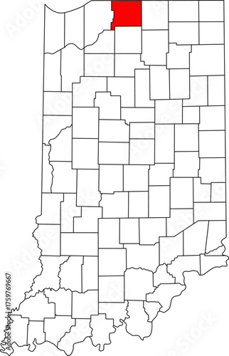 Detailed vector map of Indiana highlighting St. Joseph County, a key North Indiana territory centered on South Bend, renowned for its education and connection to the Michigan border.