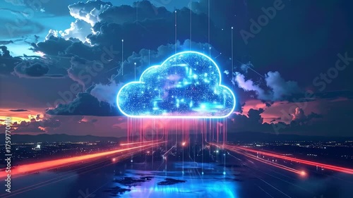 Digital cloud computing concept with glowing data transfer over a cityscape at dusk.