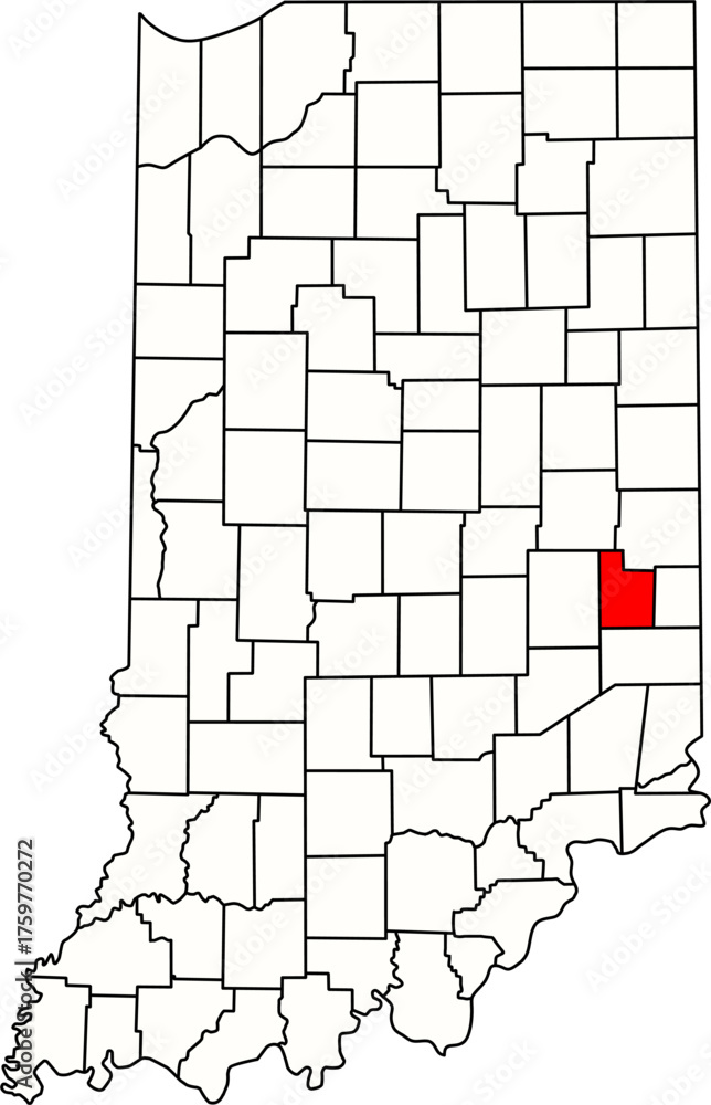Fototapeta Detailed vector map of Indiana highlighting Fayette County, an East Central Indiana territory centered on Connersville, known for its historical manufacturing base and rural setting.