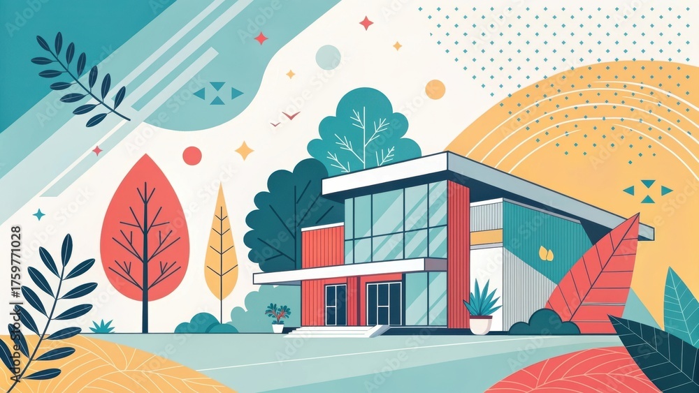 Fototapeta premium Modern Digital Background with Stylized House and Nature