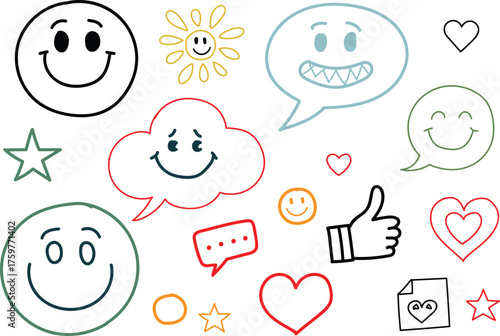 Collection of hand drawn smiley faces speech bubbles hearts and thumbs up icons on white background