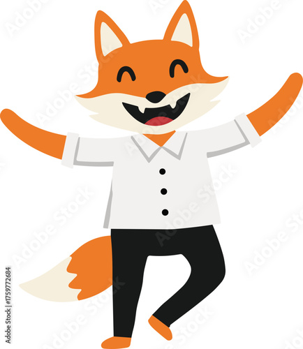 Cartoon fox character illustration, playful anthropomorphic animal design, happy fox vector artwork, children’s media decoration, cad drawing flat vector illustration