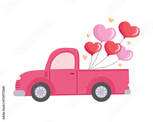 Pickup truck with bunch balloons of heart shape. Vector Illustration for backgrounds and packaging. Image can be used for greeting cards, posters, stickers and textile. Isolated on white background.