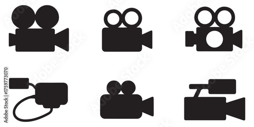 Collection of six vintage film camera icons silhouette isolated on white background