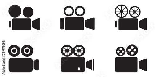 Collection of six vintage film camera icons silhouette isolated on white background