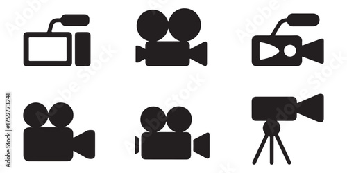 Collection of six vintage film camera icons silhouette isolated on white background