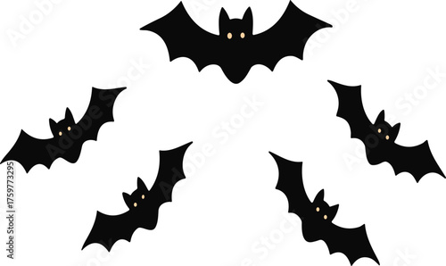 Cartoon halloween bats, spooky flying creatures, black wings, yellow eyes, nocturnal animals, festive decoration, scary silhouette, cad drawing flat vector illustration