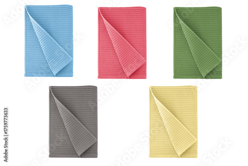 colored waffle kitchen towels on a white background. clipping, kitchen textiles, materials for designers, clipping contour
