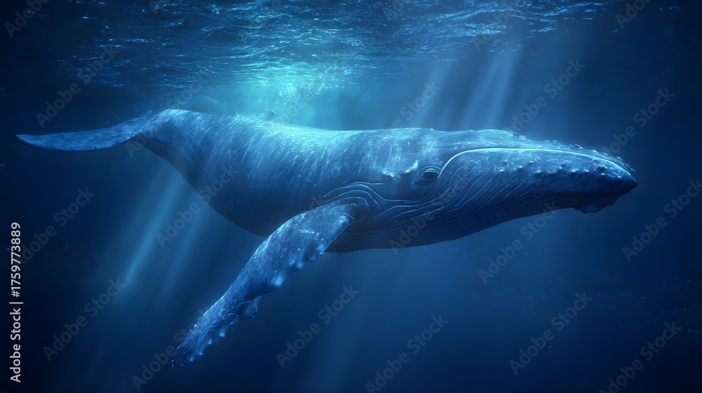 Naklejka premium A majestic whale swims in deep blue ocean waters with sun rays.