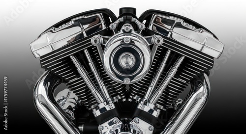 Detailed view of chrome motorcycle engine, highlighting its mechanical beauty