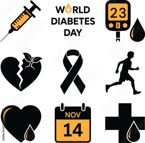 World diabetes day november 14th awareness icons syringe blood glucose meter heart ribbon runner calendar medical cross
