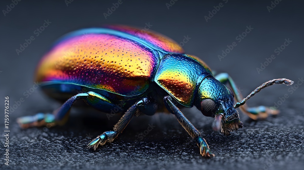 Fototapeta premium Small iridescent beetle displays vibrant rainbow colors on textured surface.