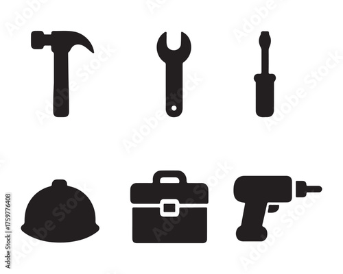 Essential construction tools depicted as simple black silhouettes on white
