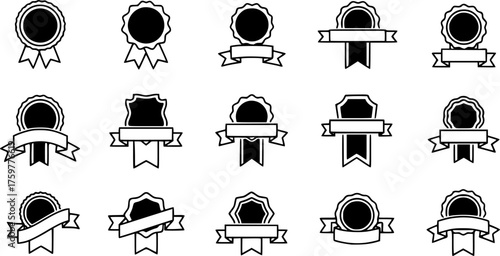 outline silhouette badge with ribbon icon set