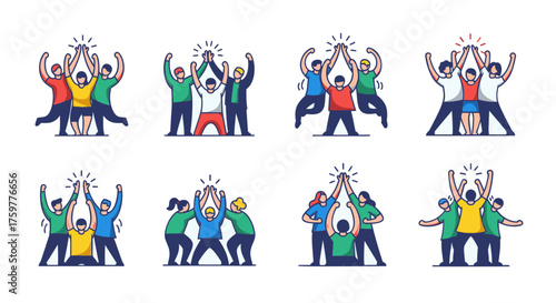 A set of eight vector illustrations showing diverse groups of people celebrating success and teamwork with a collective hands-in gesture.
