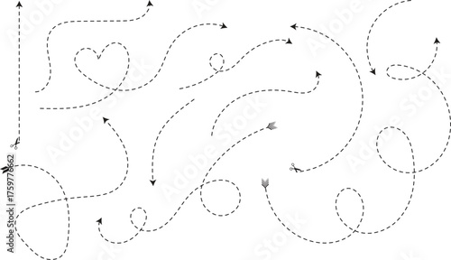 Set of simple lines hand drawn black arrows in various style. Set of simple of hand drawn black arrows.