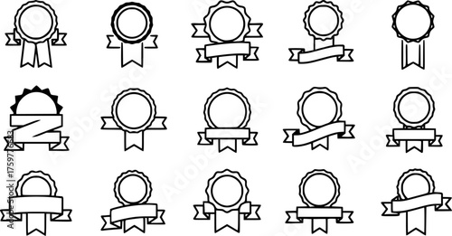 outline silhouette badge with ribbon icon set