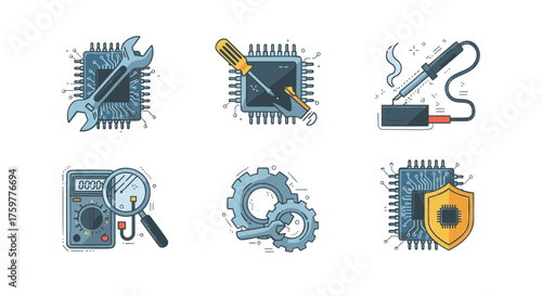 A set of six illustrated icons representing electronics repair, diagnostics, and computer hardware maintenance.