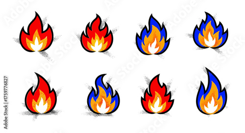 A collection of eight stylized cartoon fire flame icons in red, orange, and blue variations on a white background.